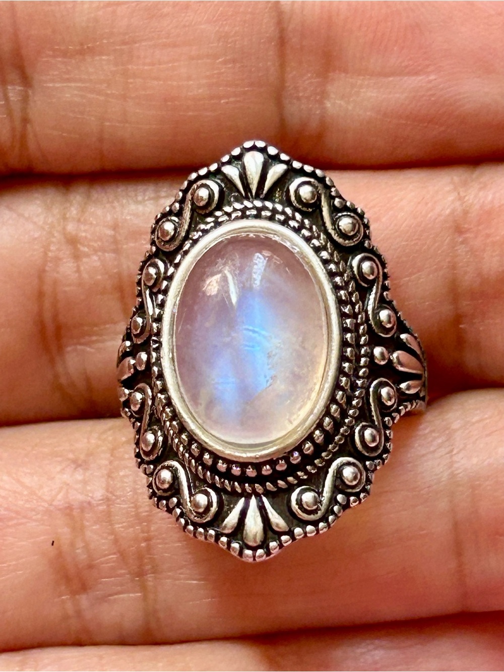 Sterling Silver Moonstone Crystal S925 Statement Ring Blue Flash Size 6 7 8 9 10